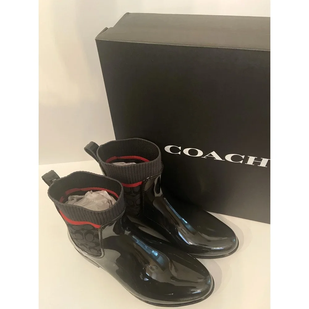 COACH Women's Waterproof Short Logo Stretch Pull‑On Ankle Rain Booties Size 8